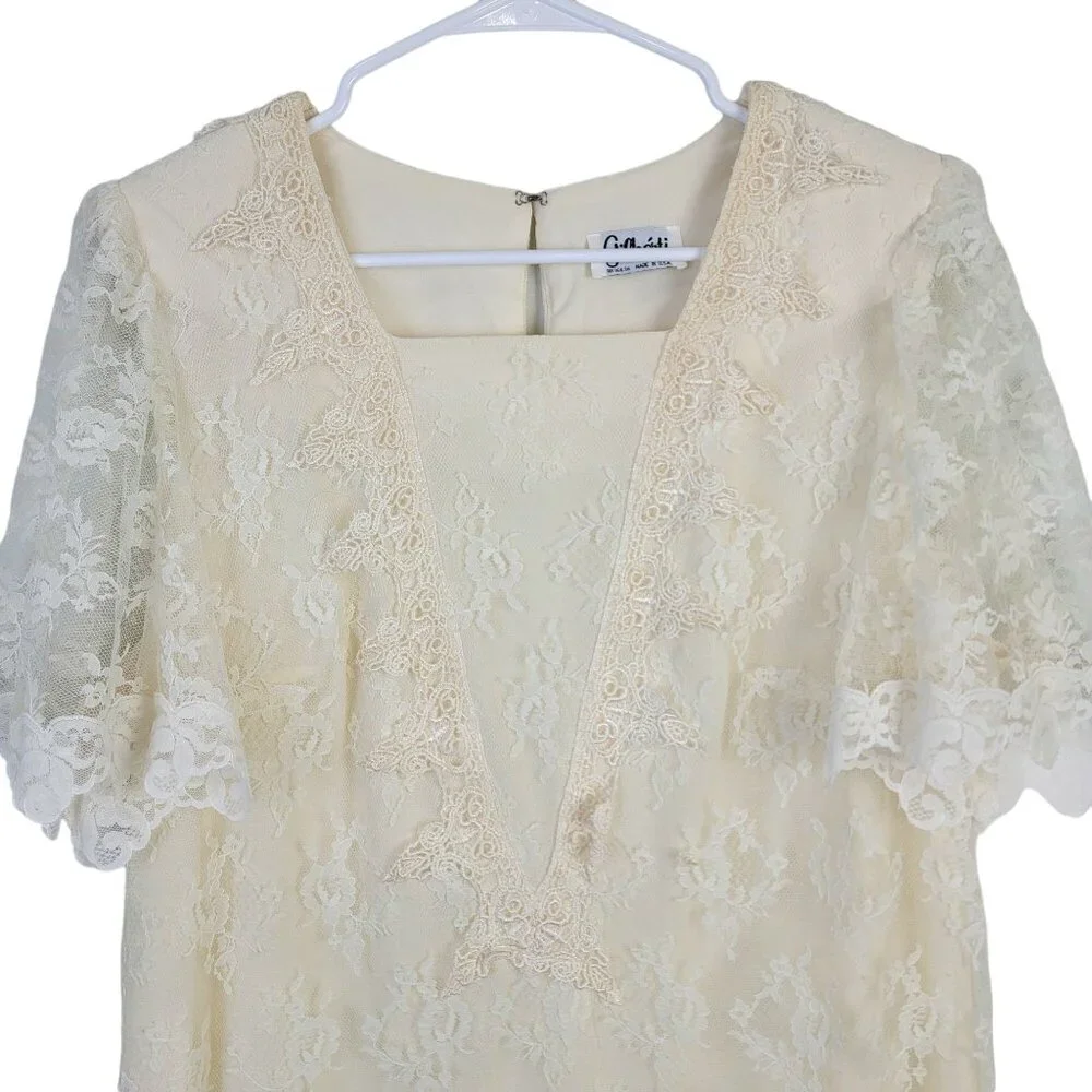 Vintage 80s Lace Midi Dress Women 12 Cream 20s Style Formal Wedding Retro Summer - Picture 9 of 13